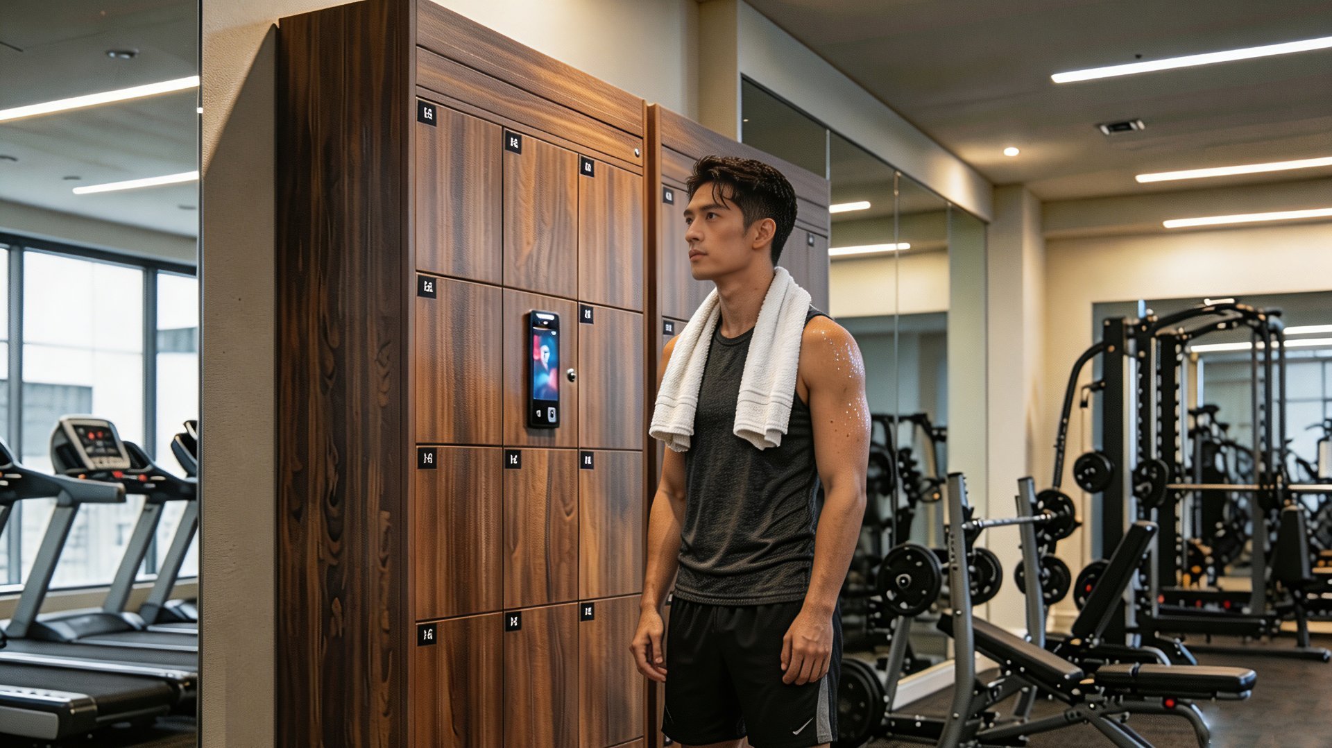 Gym Smart Lockers — Self-service bag storage designed for fitness venues. Unlock with face recognition, fingerprint, QR code, RFID card, or mobile app — members verify and retrieve their belongings quickly after workouts, enjoying a smooth and secure storage experience.